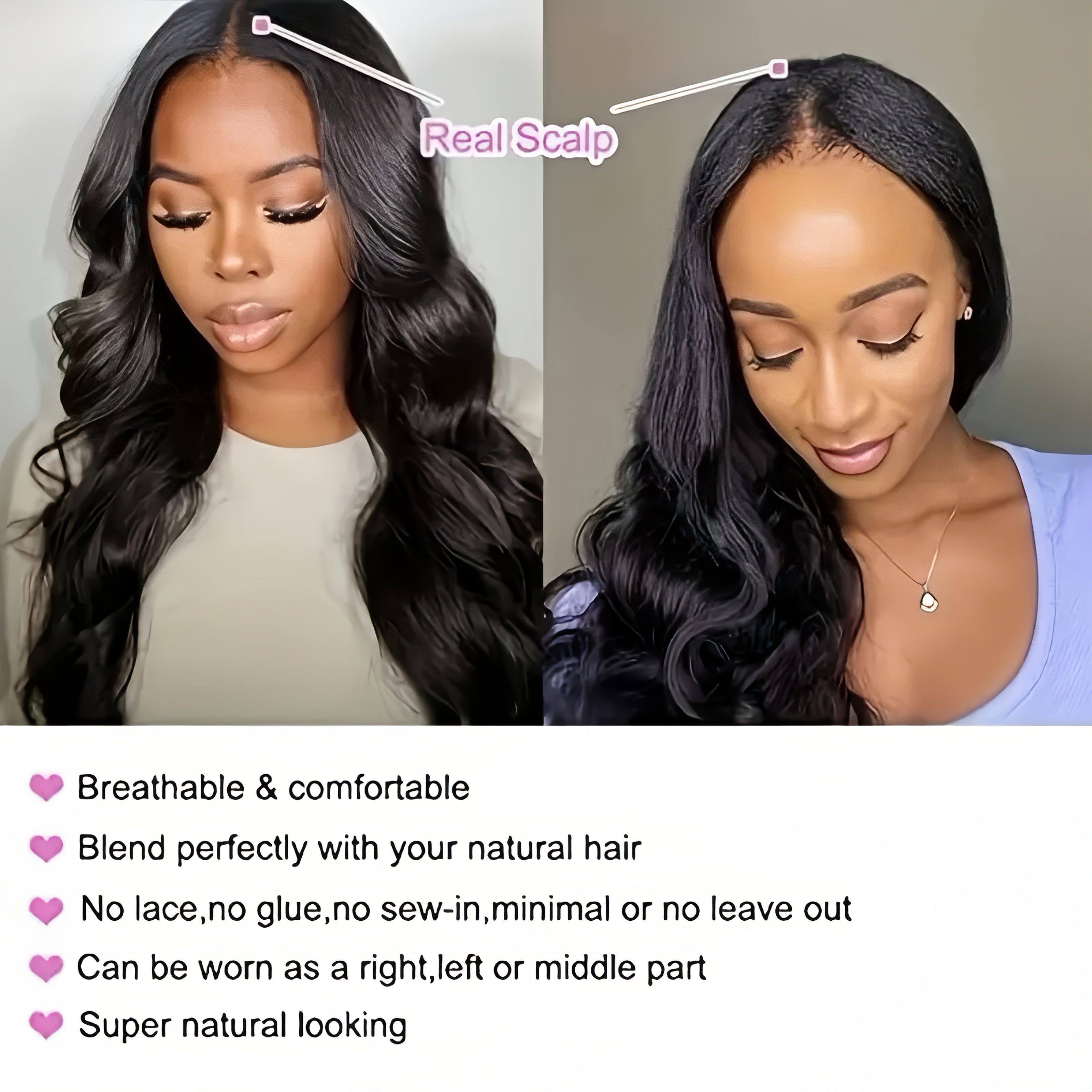 Pelucas con parte en V para mujeres negras, cabello humano con 250% de densidad, Clip para cabeza completa en media peluca sin dejar fuera, peluca ondulada para mujeres negras