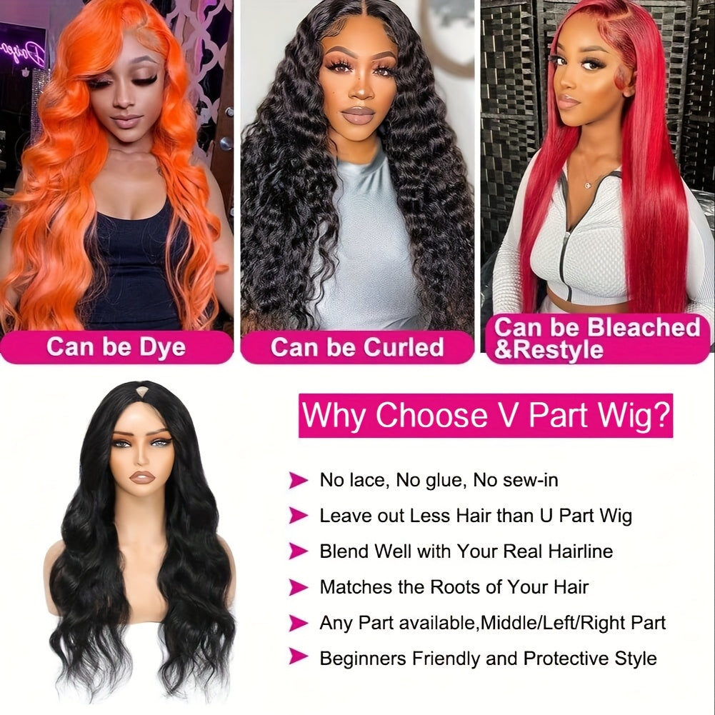 Pelucas con parte en V para mujeres negras, cabello humano con 250% de densidad, Clip para cabeza completa en media peluca sin dejar fuera, peluca ondulada para mujeres negras