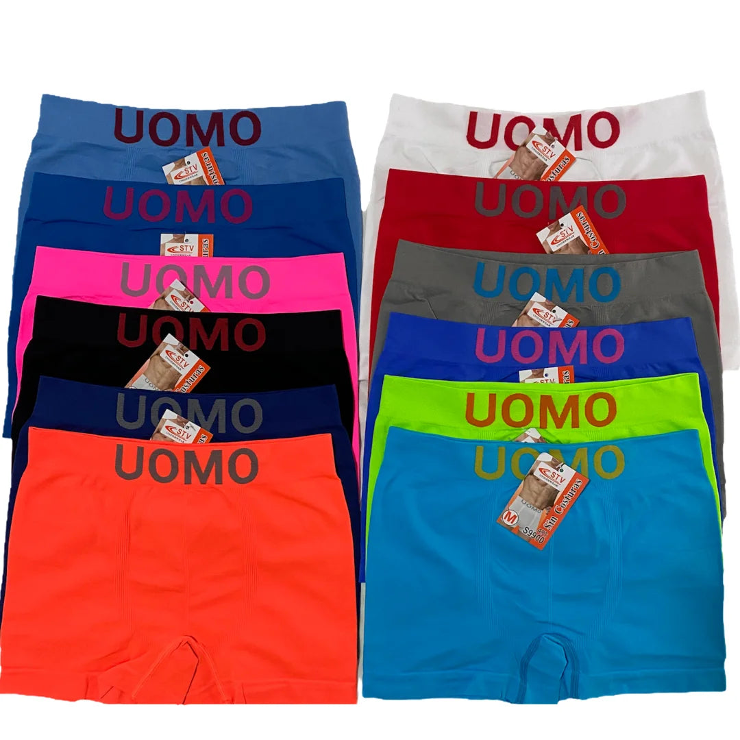 Pack de 12 Calzoncillos Boxer UOMO Talla S-M-L-XL Sin Costuras Ropa Interior Slip Hombre Sexy Calzones Bombacho Pantalones Cortos Calzón. Surtido de Colores, Poliéster, Fluorescentes
