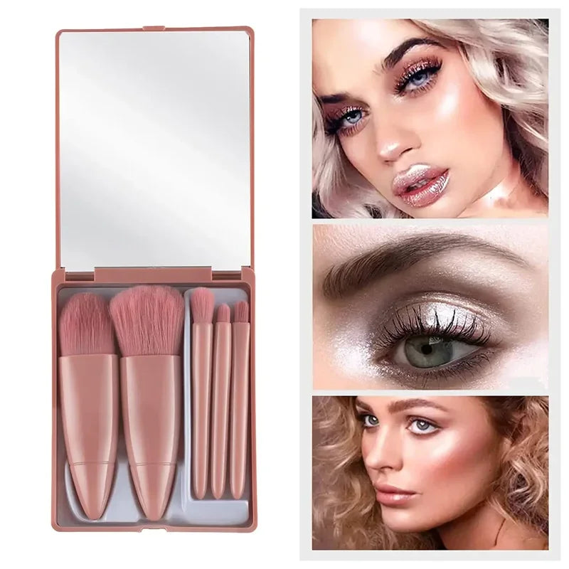 Kit de brochas de maquillaje rosa de 5 piezas |   Juego Completo de Cepillos de Pelo Sintético Profesionales y Suaves |   Almacenamiento y Transporte Sencillos