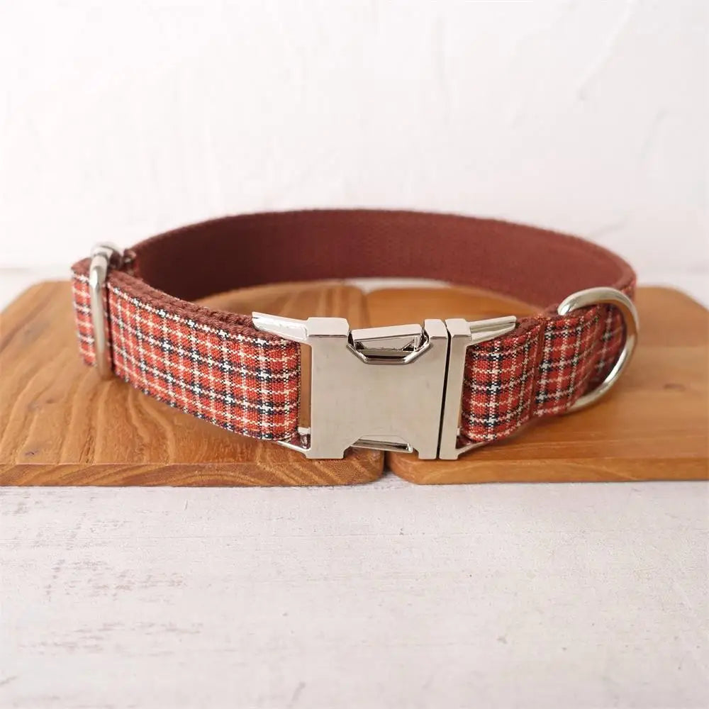 Collar personalizado para perro, Correa con grabado gratis, etiqueta de nombre de identificación, accesorio para mascota, Collar para cachorro a cuadros rojo y marrón