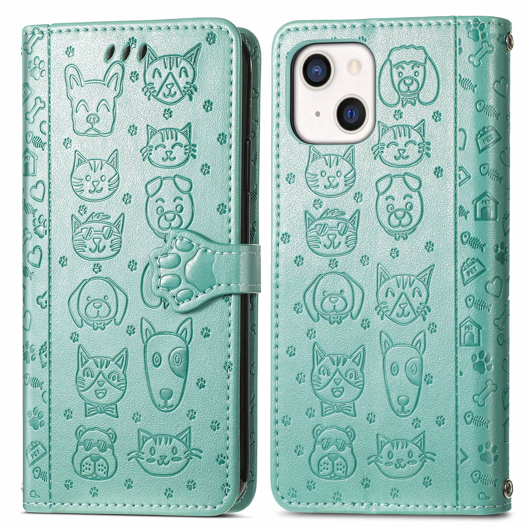 Funda de cuero de lujo con diseño de perro y gato para iPhone 16 15 14 13 12 11 Pro X XR XS MAX 8 7 Plus, bonita funda para teléfono con ranuras para tarjetas, cartera Coque