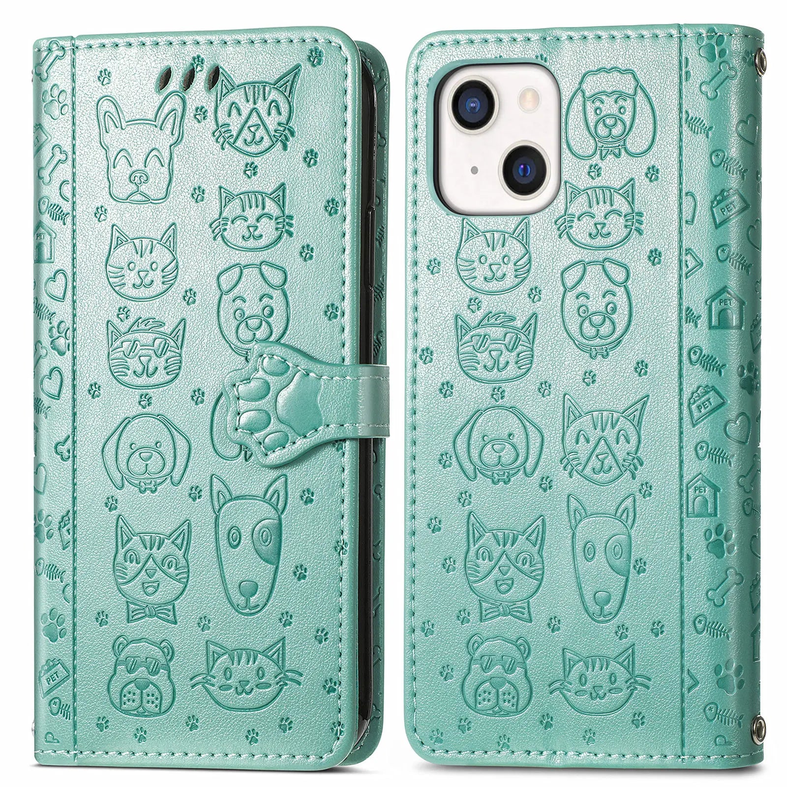 Funda de cuero de lujo con diseño de perro y gato para iPhone 16 15 14 13 12 11 Pro X XR XS MAX 8 7 Plus, bonita funda para teléfono con ranuras para tarjetas, cartera Coque