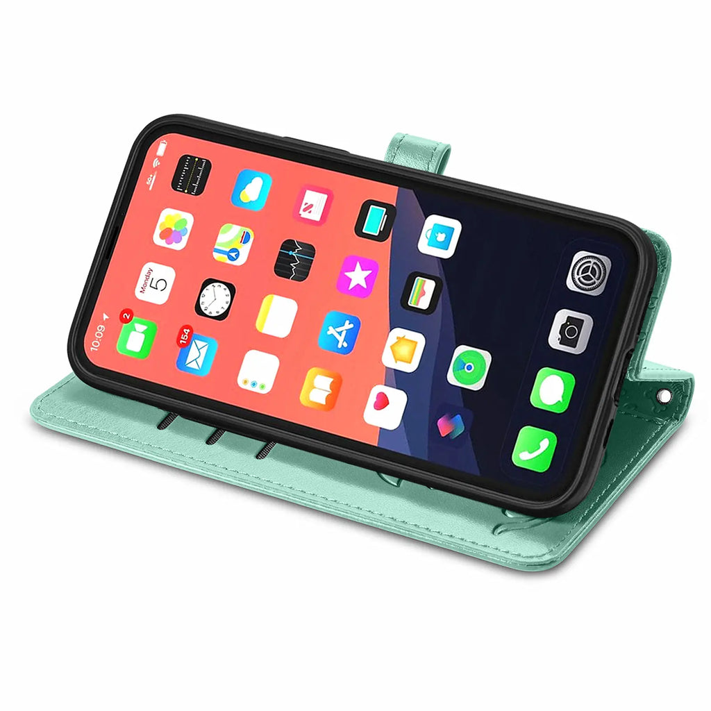Funda de cuero de lujo con diseño de perro y gato para iPhone 16 15 14 13 12 11 Pro X XR XS MAX 8 7 Plus, bonita funda para teléfono con ranuras para tarjetas, cartera Coque