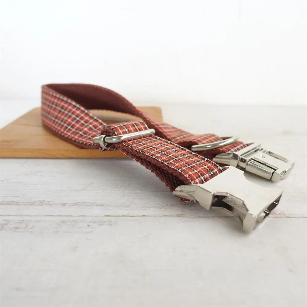 Collar personalizado para perro, Correa con grabado gratis, etiqueta de nombre de identificación, accesorio para mascota, Collar para cachorro a cuadros rojo y marrón