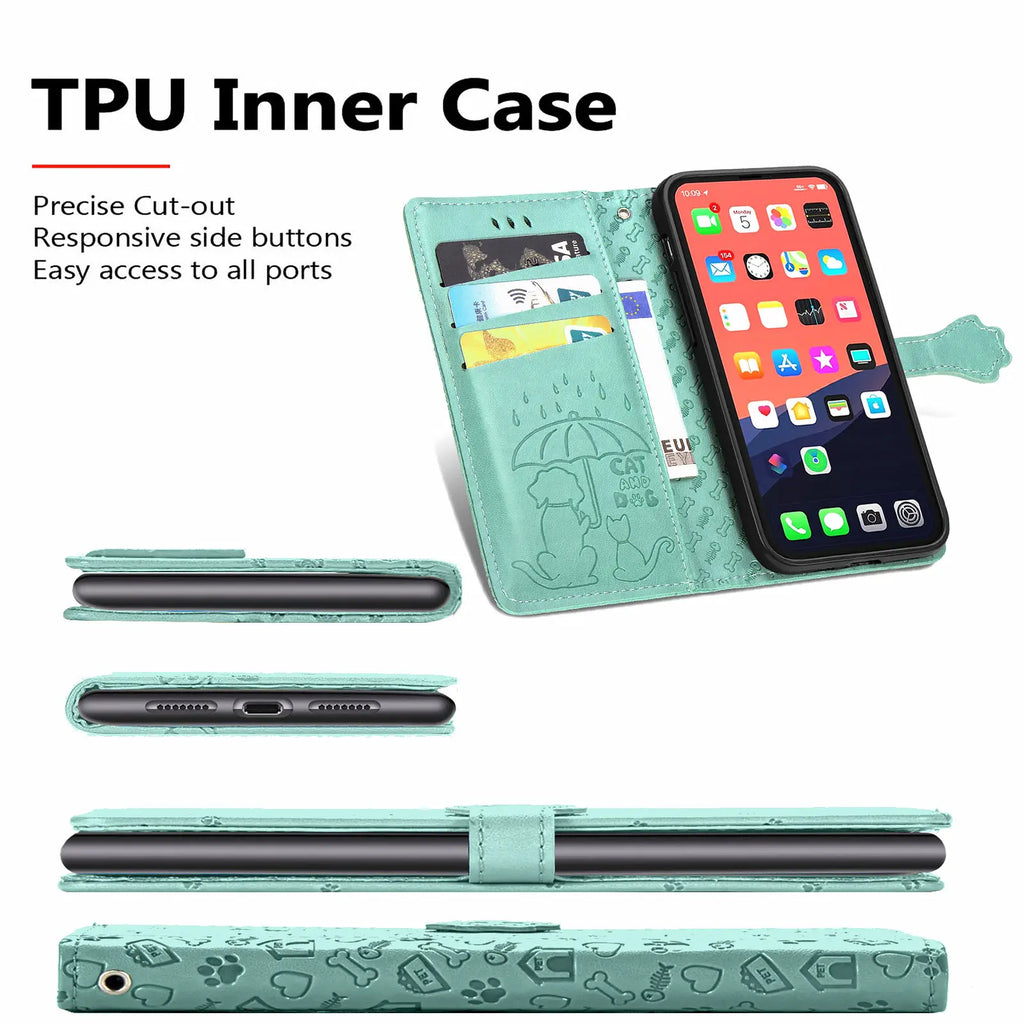 Funda de cuero de lujo con diseño de perro y gato para iPhone 16 15 14 13 12 11 Pro X XR XS MAX 8 7 Plus, bonita funda para teléfono con ranuras para tarjetas, cartera Coque