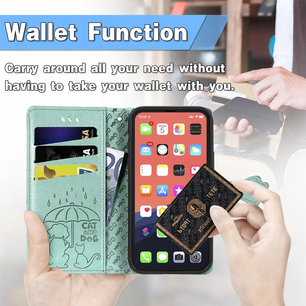 Funda de cuero de lujo con diseño de perro y gato para iPhone 16 15 14 13 12 11 Pro X XR XS MAX 8 7 Plus, bonita funda para teléfono con ranuras para tarjetas, cartera Coque