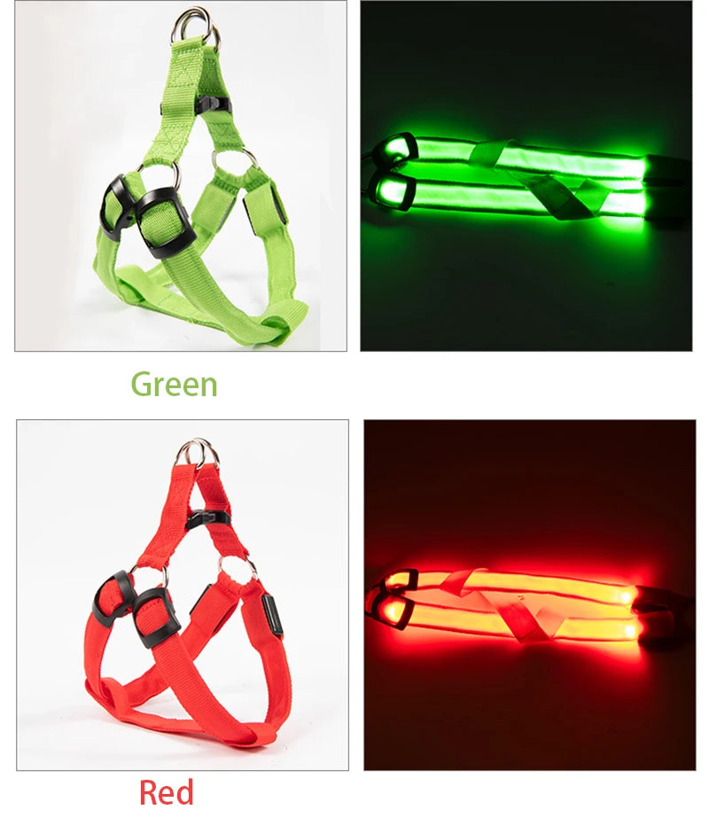 Arnés de seguridad de nailon para mascotas, accesorios para perros, arnés con luz intermitente, arnés LED para perros, correa, cinturón, collar LED para perros, chaleco, suministros para mascotas