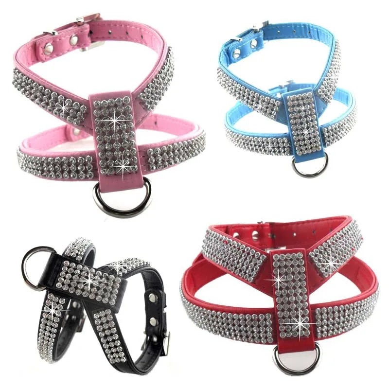 Arnés ajustable con diamantes de imitación para perro en diversos colores, diseño brillante y elegante para mascotas.