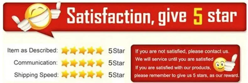 Satisfaction, give 5 star graphic showing ratings for item as described, communication, and shipping speed with smiling emoji.