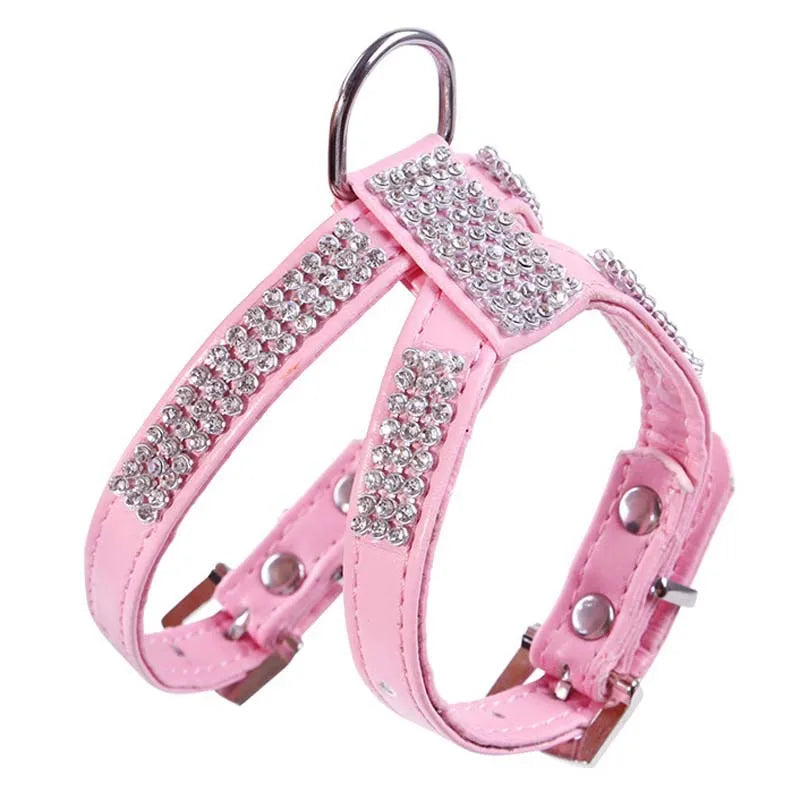 Arnés ajustable con diamantes de imitación para perro en color rosa, ideal para perros pequeños y medianos.