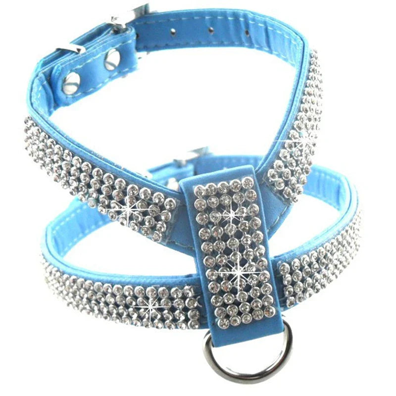 Arnés ajustable con diamantes de imitación para perro en color azul, ideal para perros pequeños y medianos.