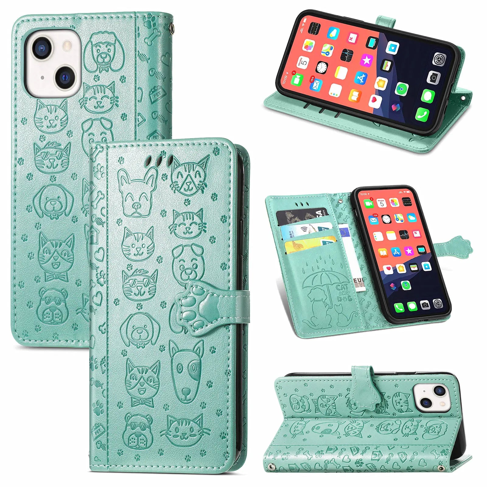 Funda de cuero de lujo con diseño de perro y gato para iPhone 16 15 14 13 12 11 Pro X XR XS MAX 8 7 Plus, bonita funda para teléfono con ranuras para tarjetas, cartera Coque