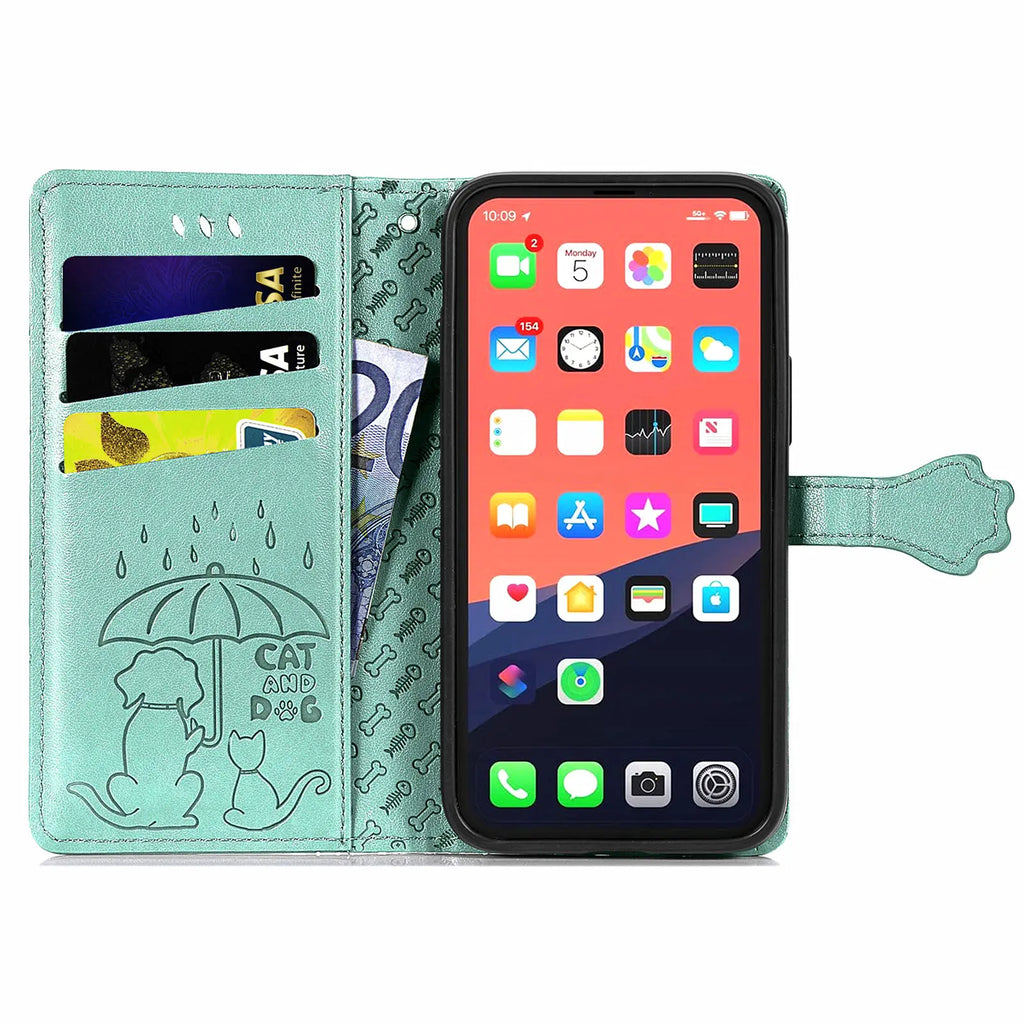 Funda de cuero de lujo con diseño de perro y gato para iPhone 16 15 14 13 12 11 Pro X XR XS MAX 8 7 Plus, bonita funda para teléfono con ranuras para tarjetas, cartera Coque