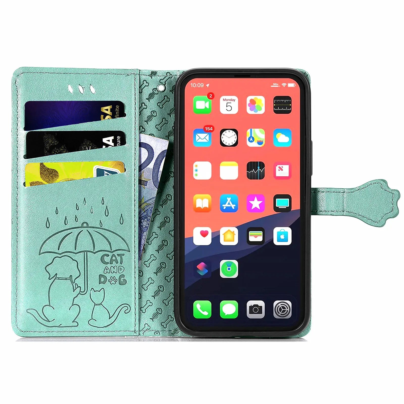 Funda de cuero de lujo con diseño de perro y gato para iPhone 16 15 14 13 12 11 Pro X XR XS MAX 8 7 Plus, bonita funda para teléfono con ranuras para tarjetas, cartera Coque