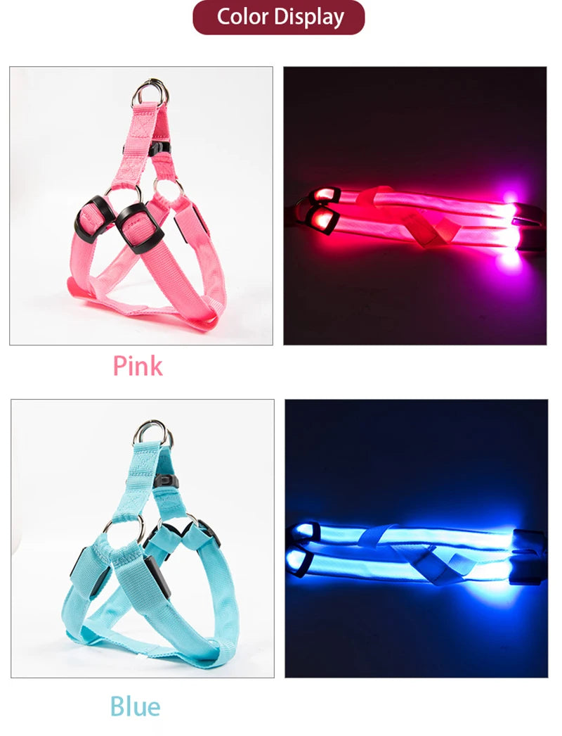 Arnés de seguridad de nailon para mascotas, accesorios para perros, arnés con luz intermitente, arnés LED para perros, correa, cinturón, collar LED para perros, chaleco, suministros para mascotas