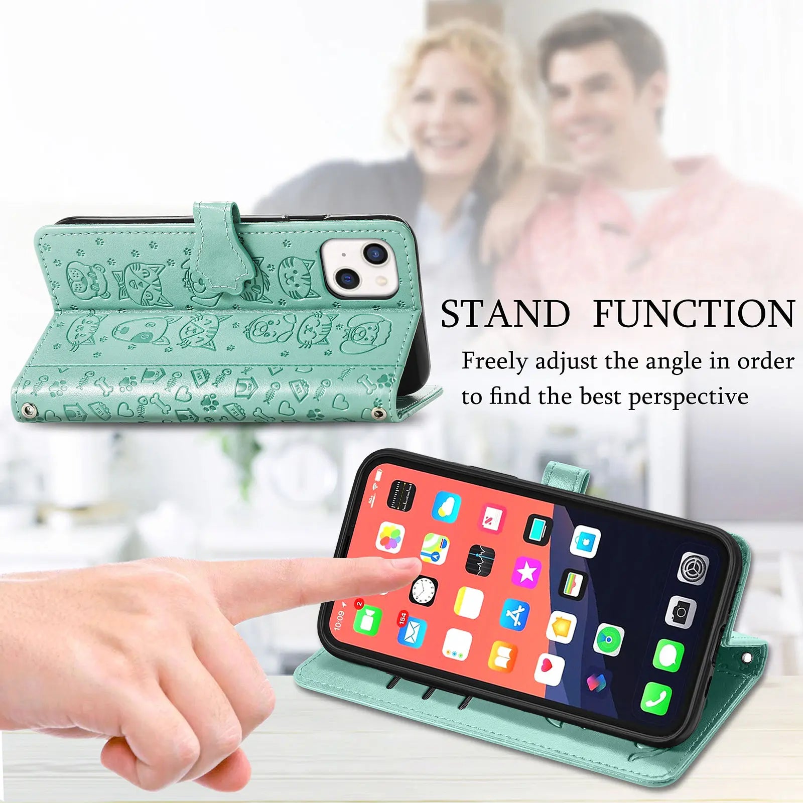 Funda de cuero de lujo con diseño de perro y gato para iPhone 16 15 14 13 12 11 Pro X XR XS MAX 8 7 Plus, bonita funda para teléfono con ranuras para tarjetas, cartera Coque
