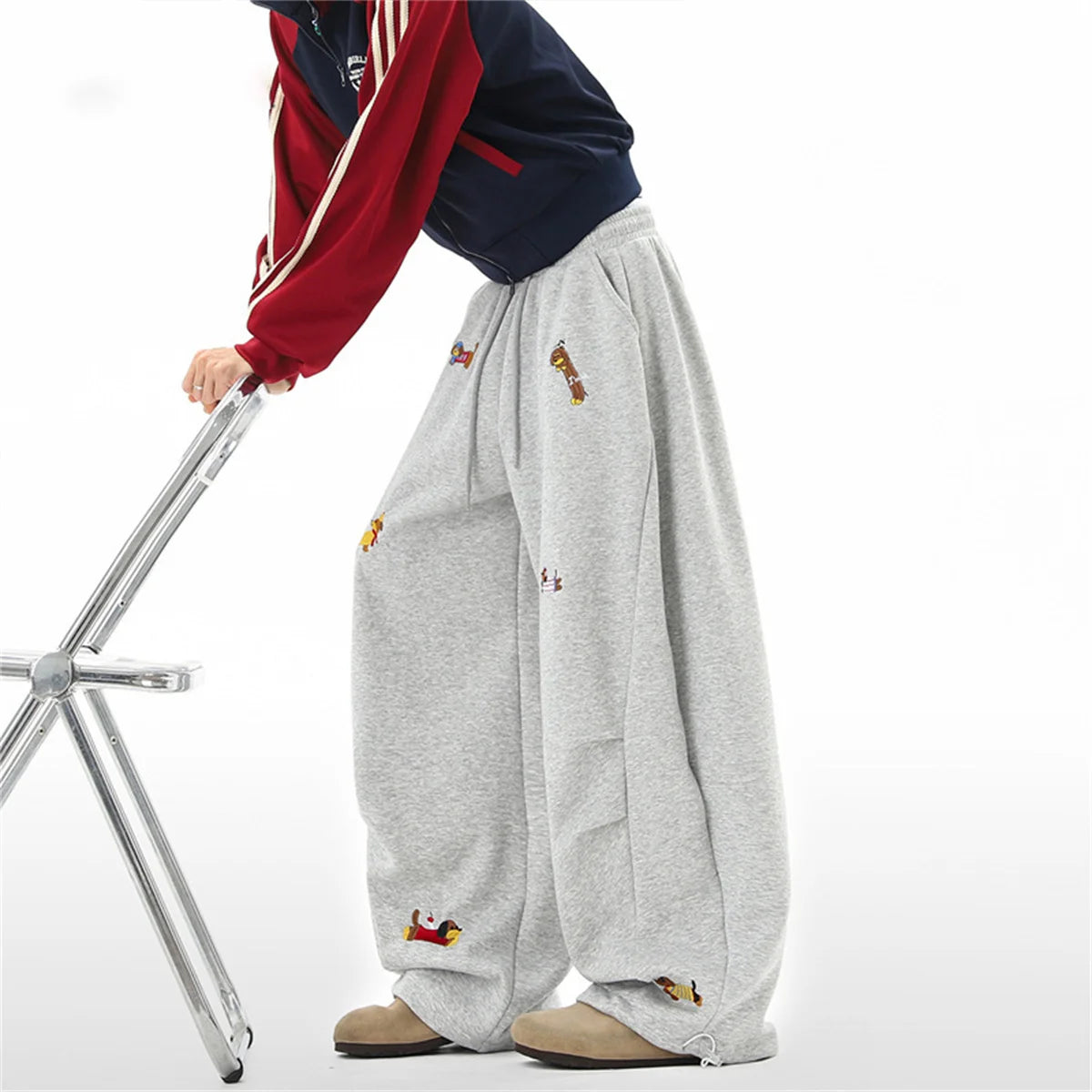 Pantalones de chándal holgados con bordado de perro salchicha, joggers casuales de pierna ancha, estilo streetwear para parejas, divertidos, a la moda y cómodos.