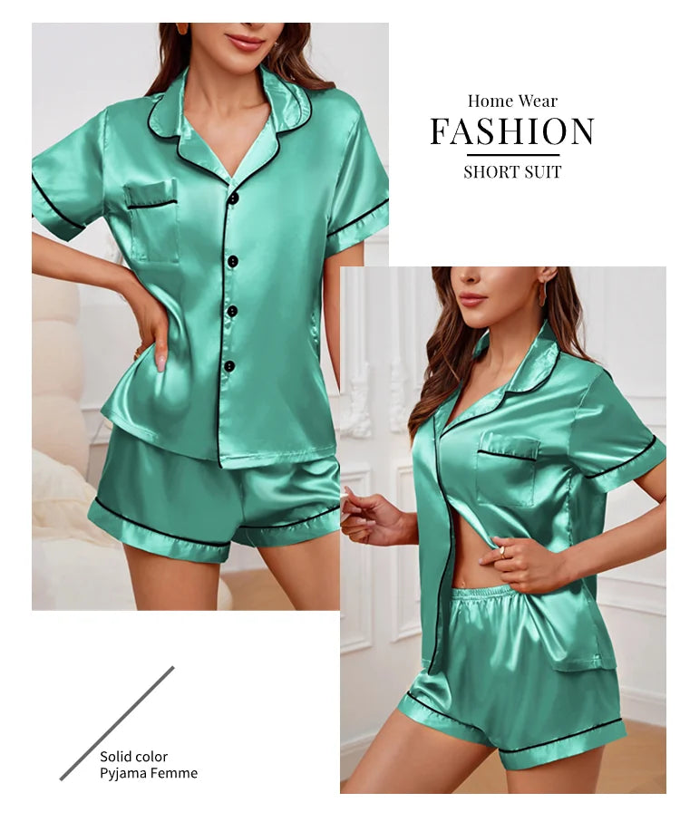 Conjunto de pijama de satén de seda para mujer, Top con botones y pantalones cortos, ropa de dormir con cuello con muescas, ropa de dormir de verano, 2 piezas