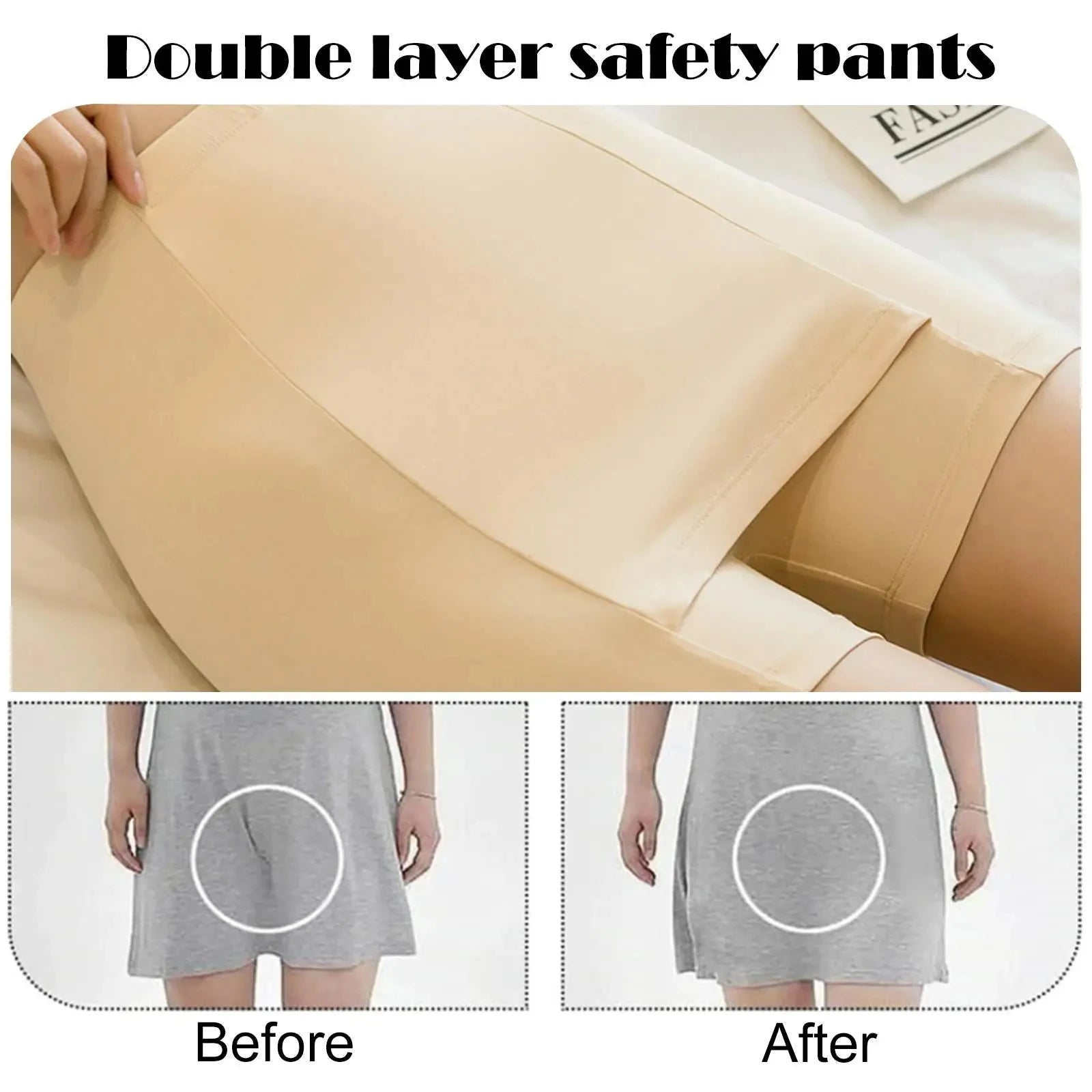 Bragas de seguridad de doble capa para mujeres, pantalones cortos protectores debajo de las faldas, comparativa antes y después.