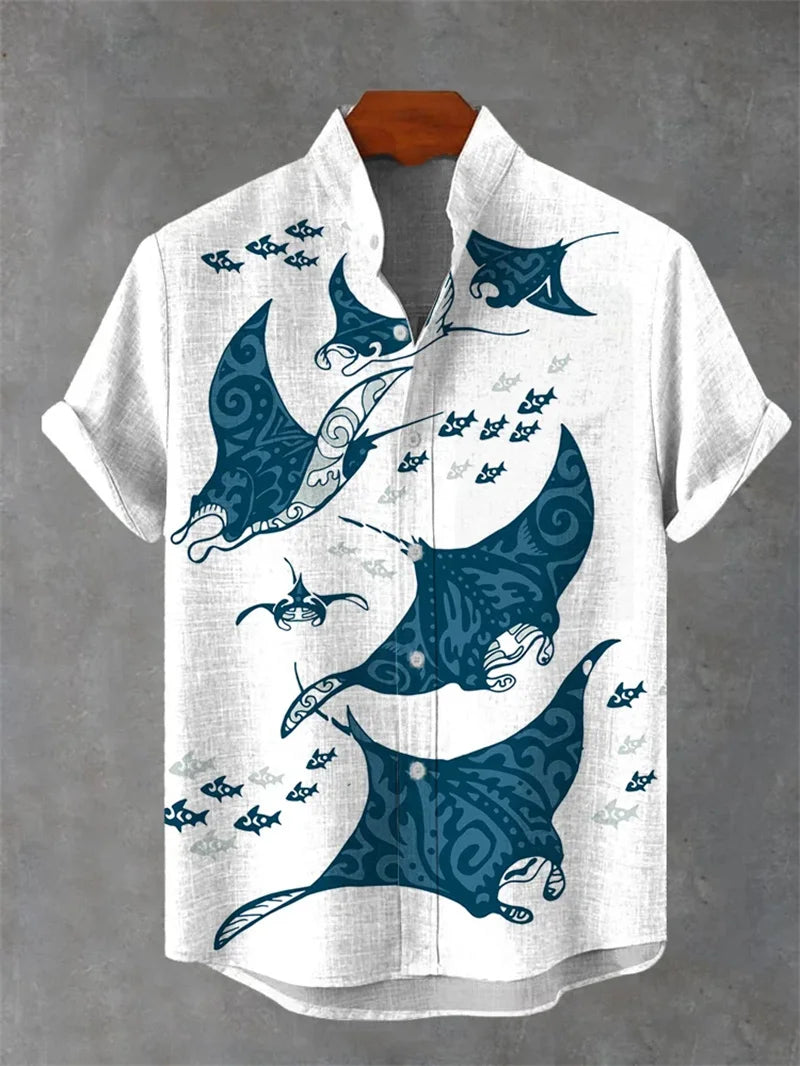 camisa de hombre estampado 3D gato con diseño de mantarrayas en fondo blanco, estilo informal y moderno.