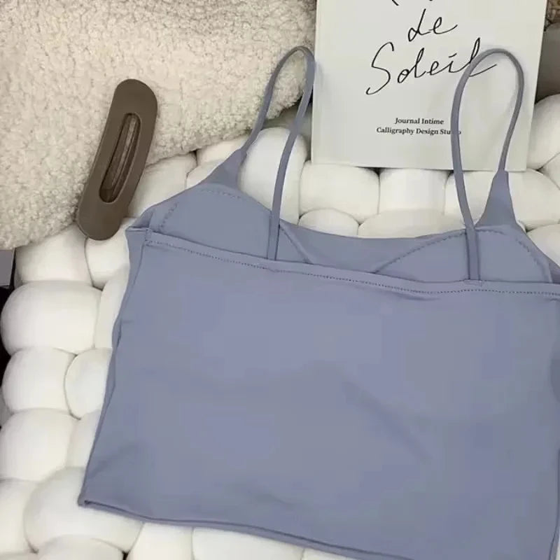 Top con sujetador de verano para mujer, Top corto de seda helada, Tops de tubo sin costuras, camisola, ropa interior, moda coreana, Bralette con relleno liso, chaleco