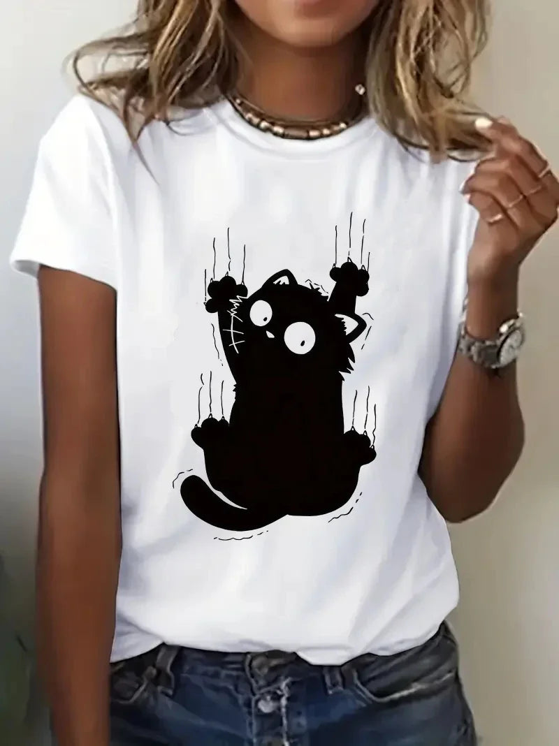 Ropa informal con cuello redondo para mujer, Top para todas las estaciones, camiseta con estampado de diseño de gato divertido para escalar, ropa estética de manga corta