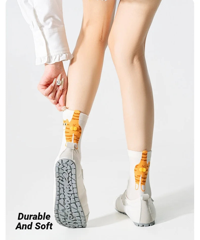 Calcetines Divertidos con Diseño de Gato, Negros/Blancos, Transpirables, Suaves, para Mujer, Novedad, Regalo Kawaii