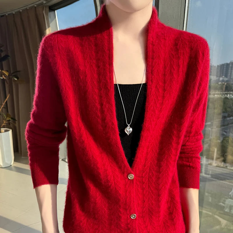 Cárdigan con cuello de bufanda para mujer, Tops, Otoño Invierno, nuevo suéter elegante de lana merina de 100%, suéter de lana elegante para mujer, blusa suave elegante