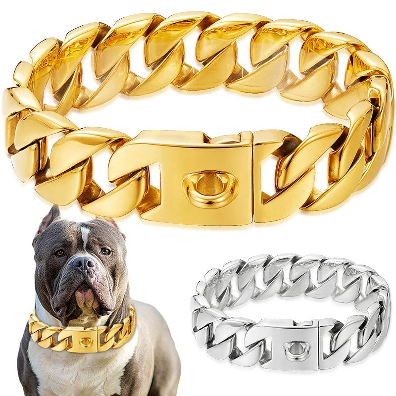 Collar de perro de oro fundido de acero inoxidable fuerte de 32mm, Collar con hebilla sólida, cadena para perro grande de lucha contra el bulto