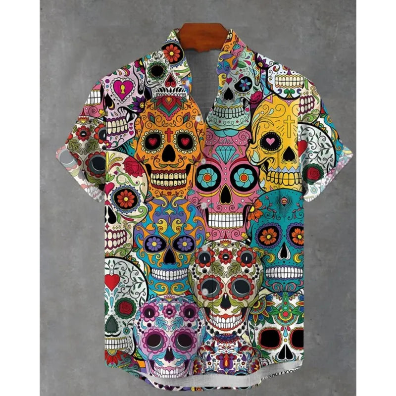 Camisa de hombre estampado 3D gato, manga corta, estilo informal y colorido con diseño de calaveras.