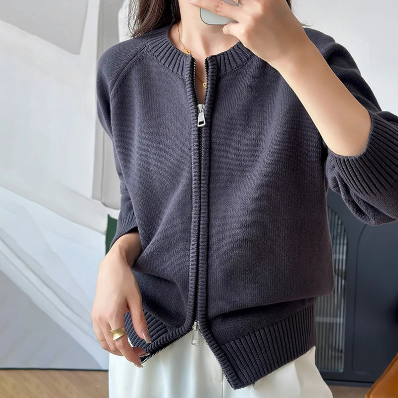 YTFidio 100% de algodón para mujer, cárdigan liso con cremallera gruesa y cuello redondo, ropa de diseñador de lujo, jersey para mujer, Tops femeninos 401