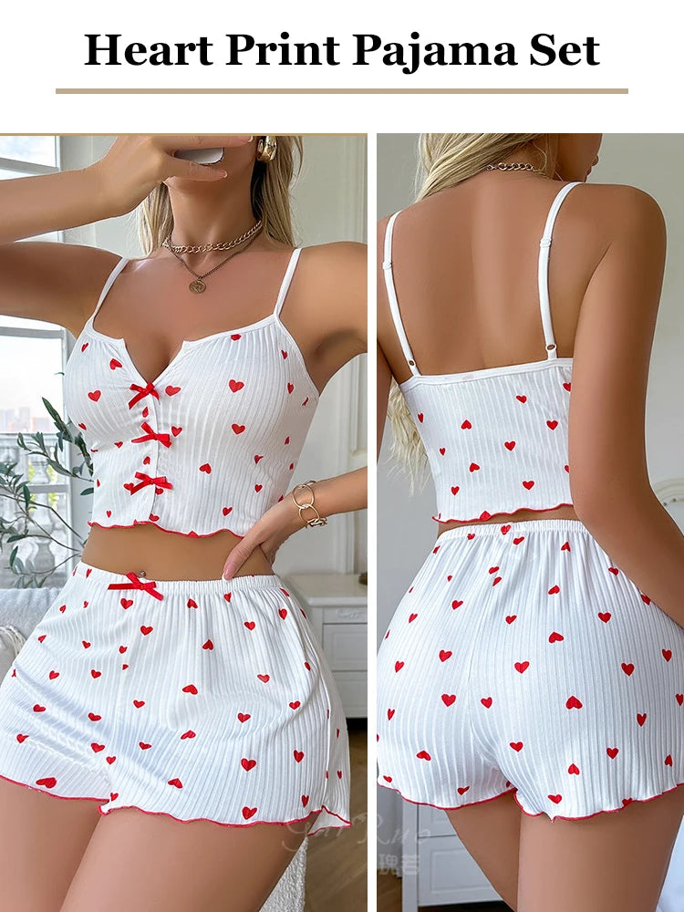 Conjunto de Pijama Sexy con Estampado de Corazón para Mujer, Ropa de Dormir de Seda, Cuello en V, Sin Mangas, Camiseta Informal y Pantalones Cortos, Ropa de Estar en Casa