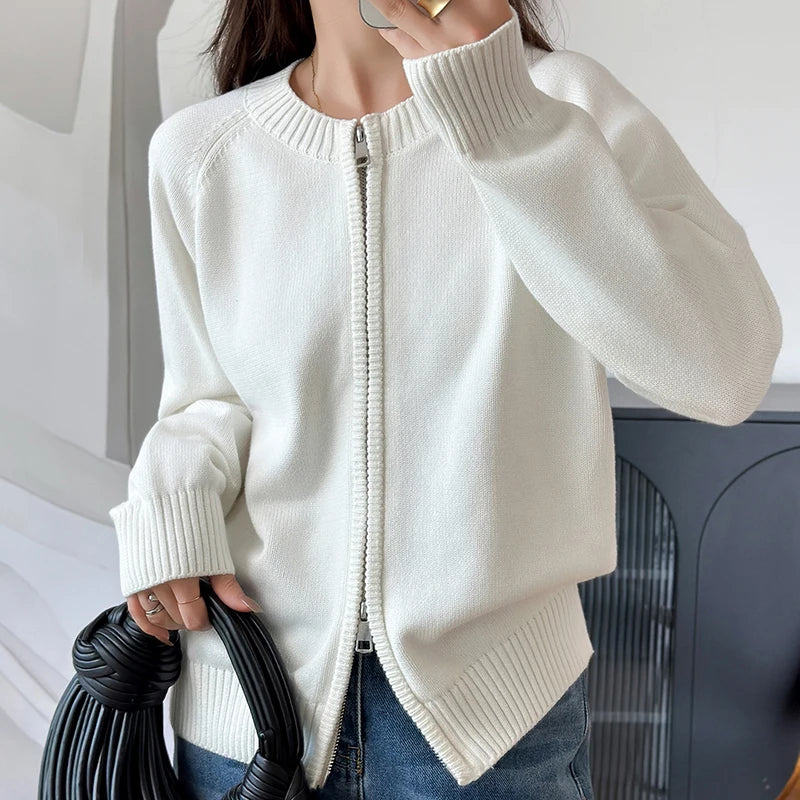 YTFidio 100% de algodón para mujer, cárdigan liso con cremallera gruesa y cuello redondo, ropa de diseñador de lujo, jersey para mujer, Tops femeninos 401