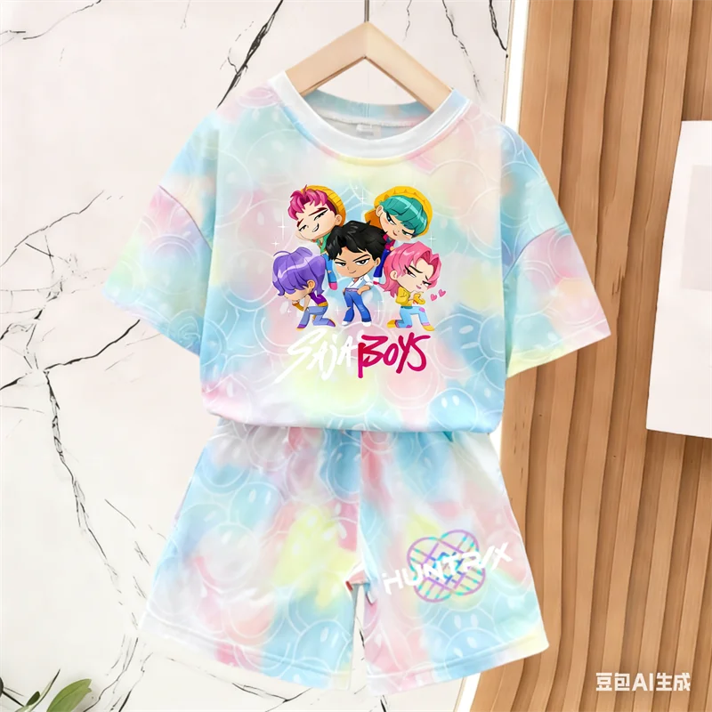 Nuevo Conjunto de Camiseta y Pantalones para Niñas, Ropa de Verano, Conjunto de Manga Corta con Estampado de Cara Sonriente, Conjunto de Camiseta y Pantalones Cortos para Niños