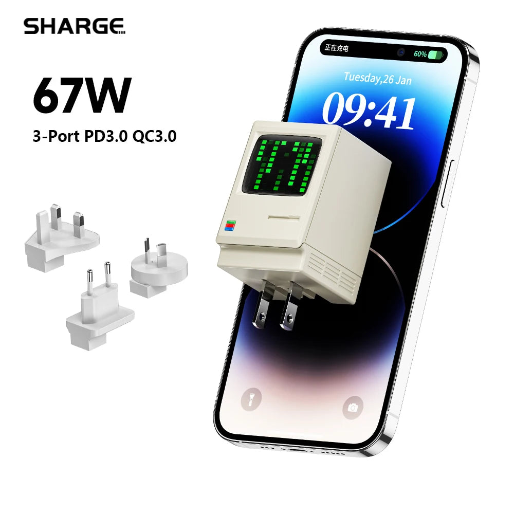 SHARGE Retro 67 GaN 67W Cargador rápido 67W 3 * USB-C Adaptador de corriente para tableta Carga rápida para iPhone 15 Galaxy, Google Pixel