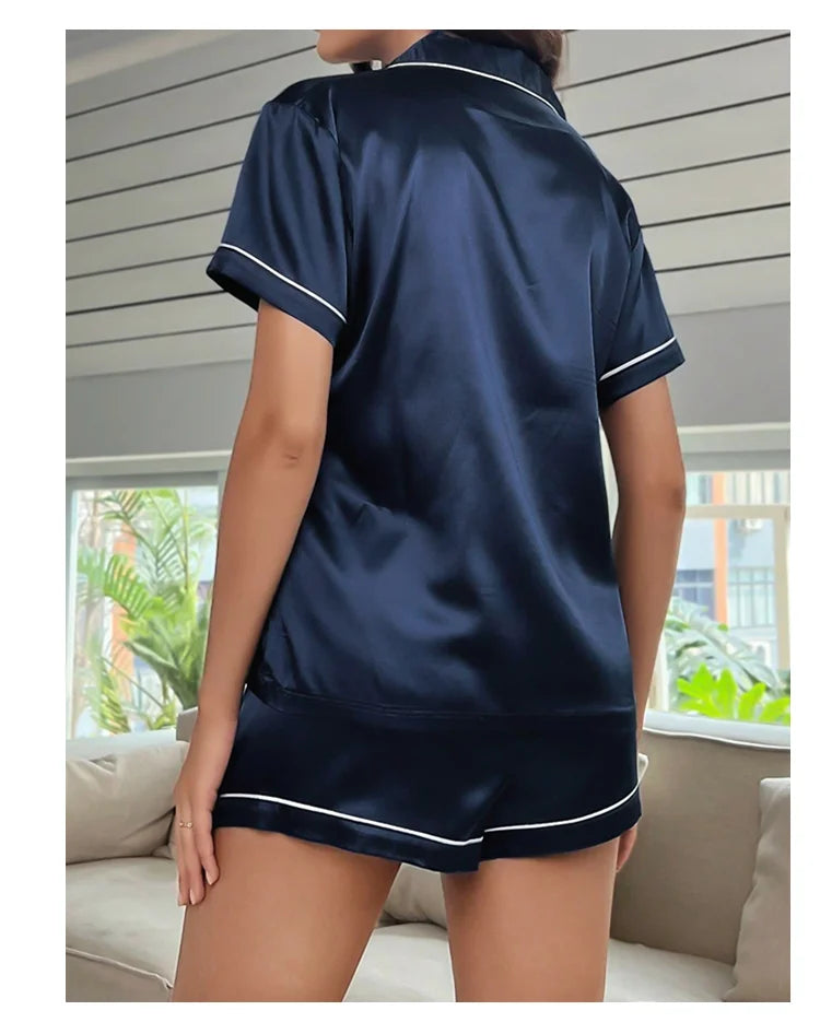 Conjunto de pijama de satén de seda para mujer, Top con botones y pantalones cortos, ropa de dormir con cuello con muescas, ropa de dormir de verano, 2 piezas