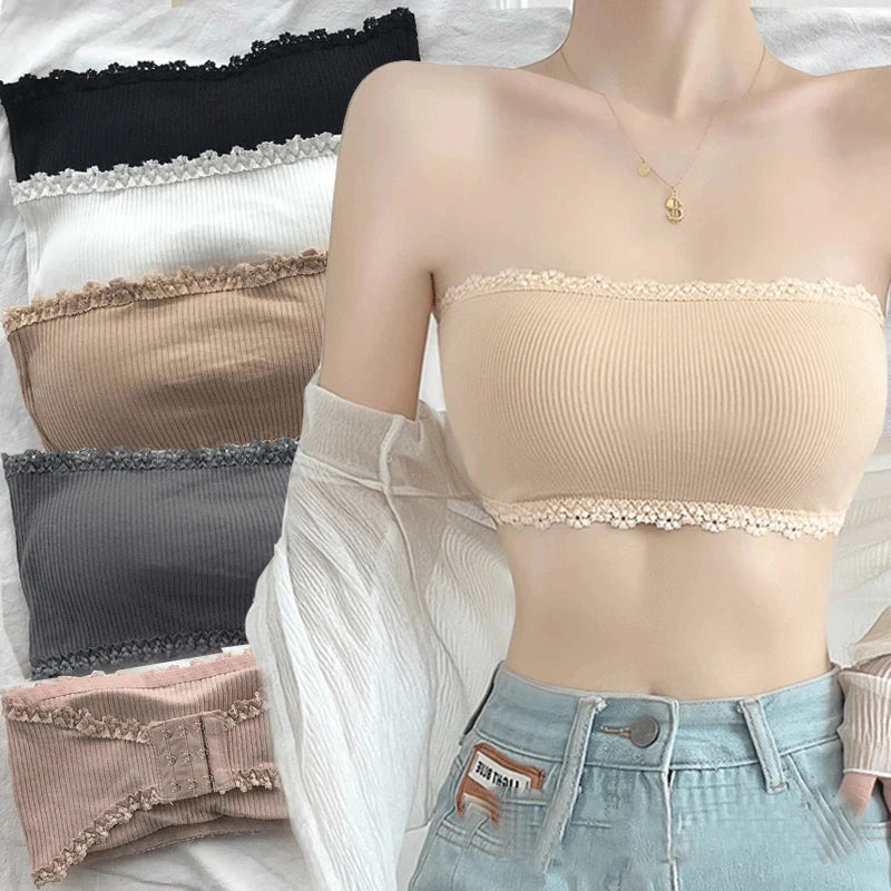 Sujetadores sin tirantes de verano para mujer, Tops sexis de encaje en la espalda para el pecho, ropa interior transpirable sin costuras, sujetador Invisible sólido para envolver el pecho