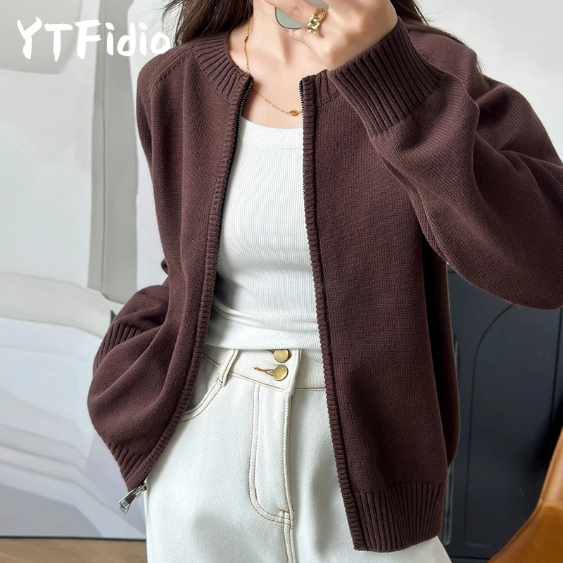 YTFidio 100% de algodón para mujer, cárdigan liso con cremallera gruesa y cuello redondo, ropa de diseñador de lujo, jersey para mujer, Tops femeninos 401