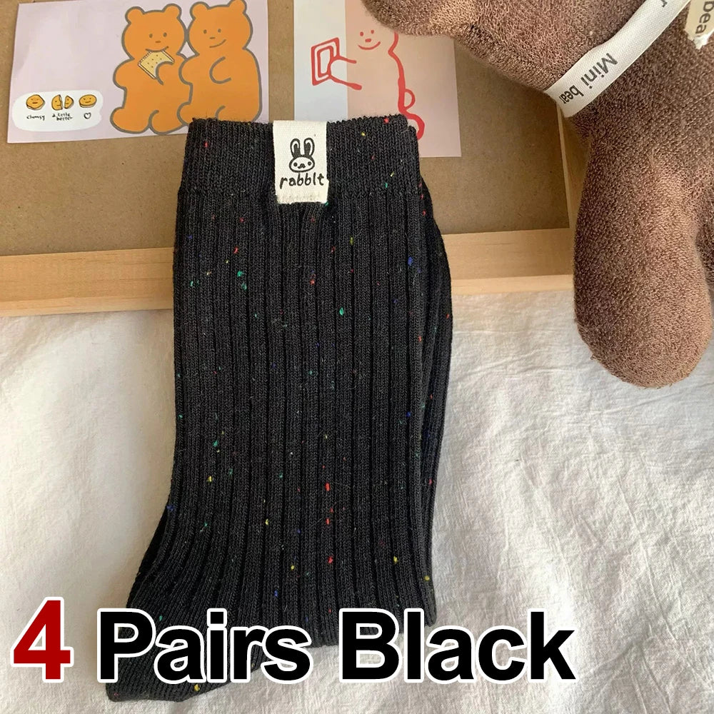 4 pares de calcetines de tubo medio con estampado de dibujos animados para mujer, calcetines informales suaves y cómodos, transpirables, absorbentes del sudor, a la moda para primavera y verano
