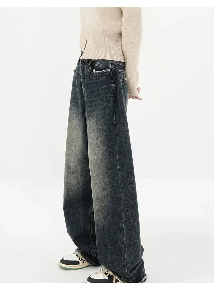 Ropa de calle Harajuku, moda Retro, pantalones vaqueros de cintura alta para mujer, pantalones vaqueros holgados rectos de pierna ancha Y2K, pantalones holgados