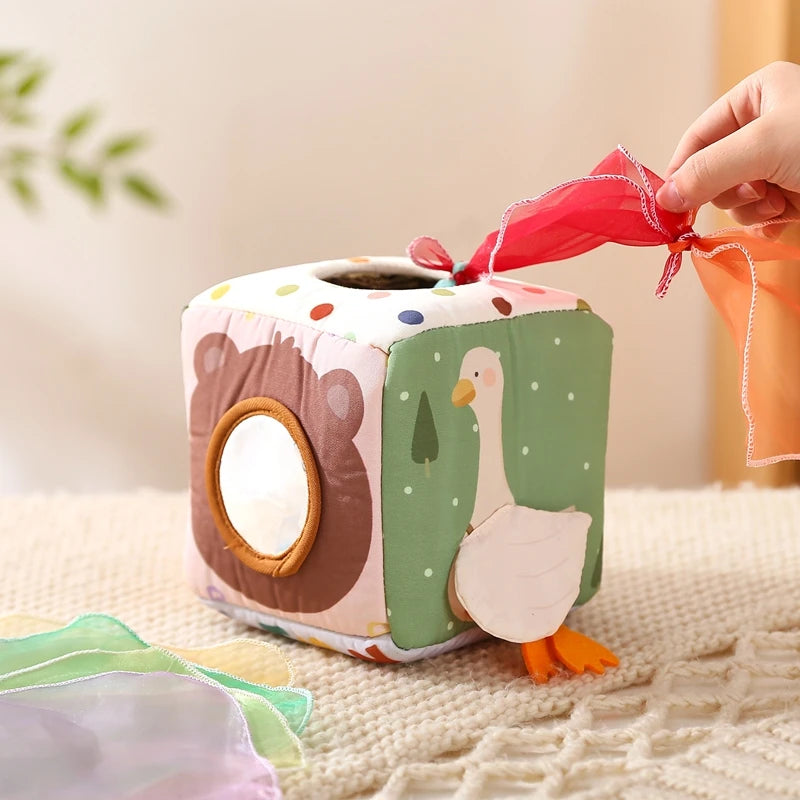 Juguete Montessori para bebé, caja de pañuelos mágicos de algodón, juego de mesa ocupado para ejercicio de los dedos, juguete educativo, juego de sonajero suave, libro de tela, regalo