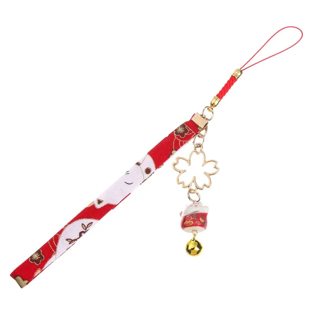 Cordón de correa para teléfono, cuerda colgante de muñeca, estilo japonés, antipérdida, Sakura, gato de la suerte, 1 unidad
