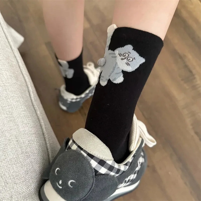 Calcetines Divertidos con Diseño de Gato, Negros/Blancos, Transpirables, Suaves, para Mujer, Novedad, Regalo Kawaii