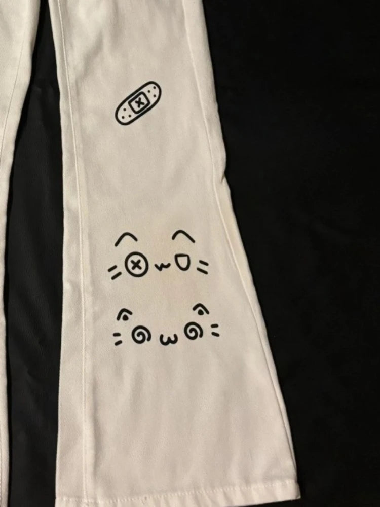 Pantalones largos japoneses Kawaii para mujer, pantalones informales con patrón de gato de dibujos animados Y2K, pantalones deportivos de otoño con subcultura Harajuku dulce