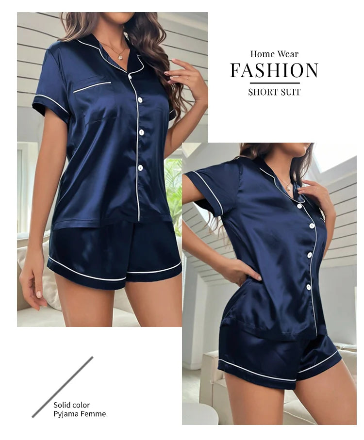 Conjunto de pijama de satén de seda para mujer, Top con botones y pantalones cortos, ropa de dormir con cuello con muescas, ropa de dormir de verano, 2 piezas