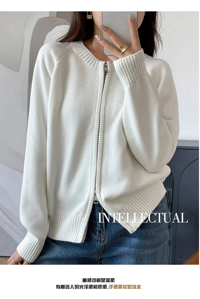 YTFidio 100% de algodón para mujer, cárdigan liso con cremallera gruesa y cuello redondo, ropa de diseñador de lujo, jersey para mujer, Tops femeninos 401