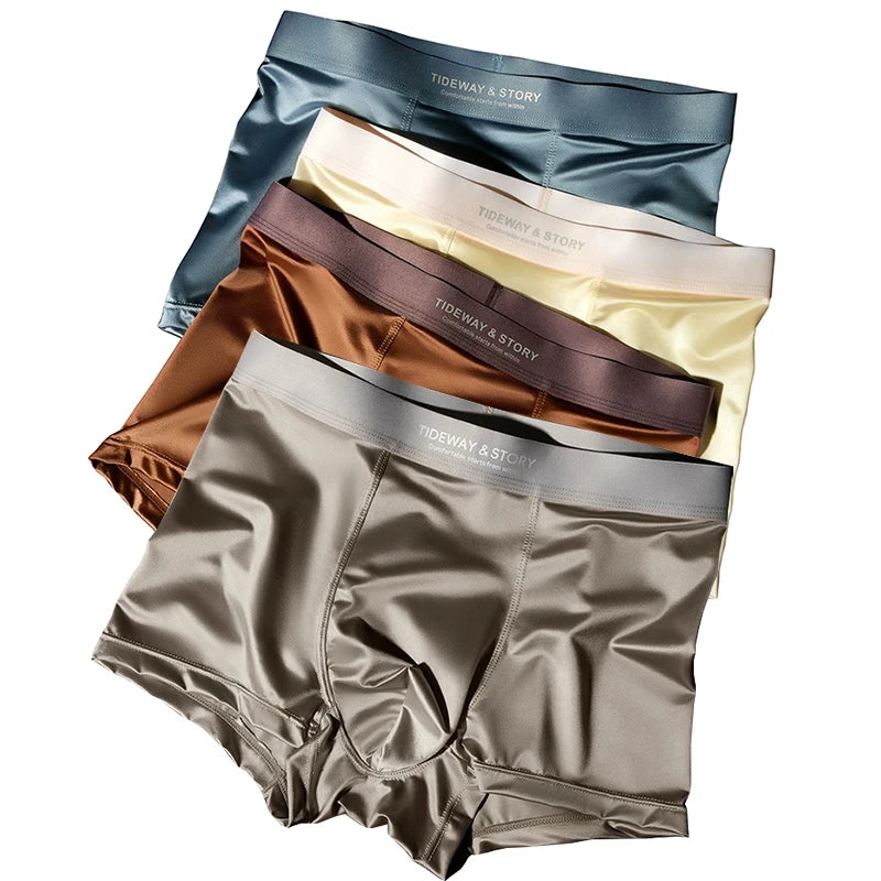 Ropa interior para hombre, pantalones cortos de cuatro esquinas de esquina plana transpirables de seda satinada de lujo ligera de alta gama, seda helada, sin marcas, 4 Uds.