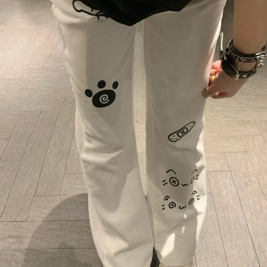 Pantalones largos japoneses Kawaii para mujer, pantalones informales con patrón de gato de dibujos animados Y2K, pantalones deportivos de otoño con subcultura Harajuku dulce
