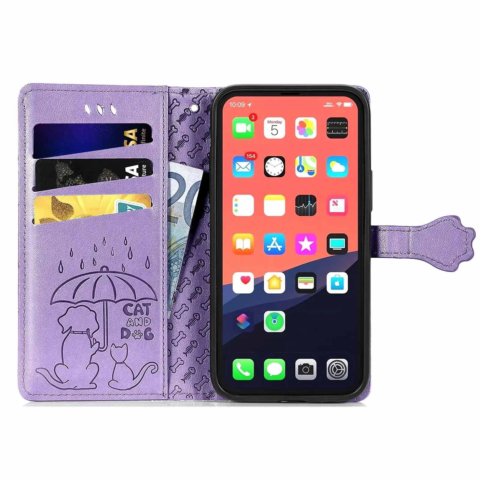 Funda de cuero de lujo para iPhone con diseño de perro y gato, con ranuras para tarjetas y diseño colorido.